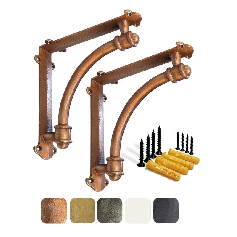 NACH Decorative Shelf Brackets, 2 Pack of 9.6 x 1.7 x 9.6 inch Copper Cast Iron Shelf Brackets - Decorative Brackets for Mounting - Half Round Style Brackets - Image 1